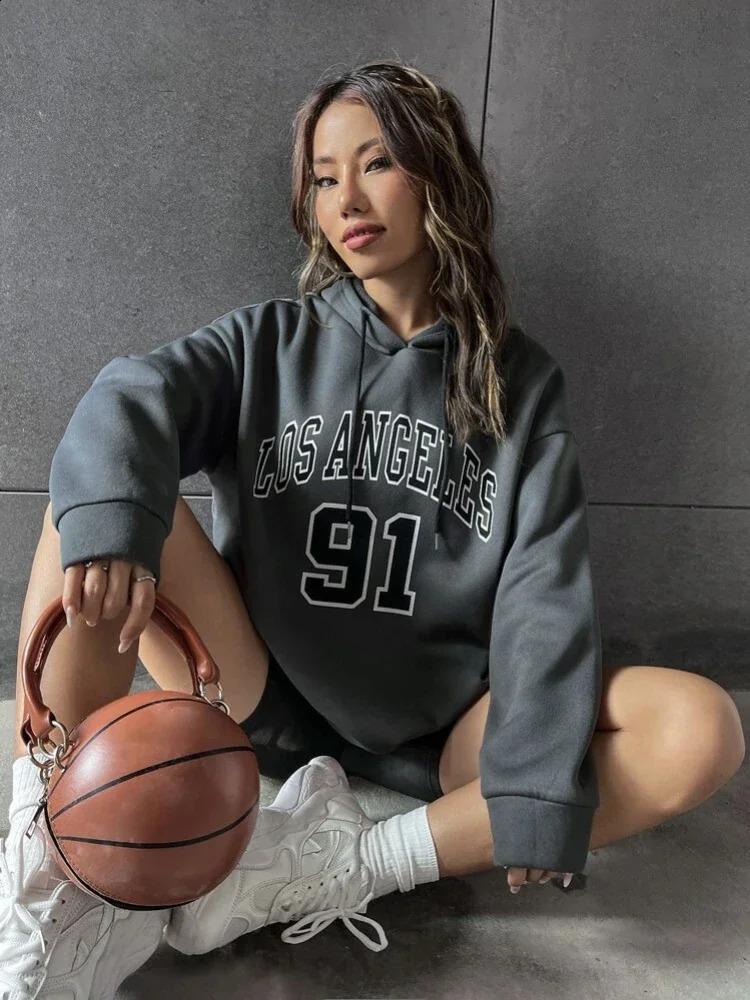 Blessyuki Los Angeles Letter Printed Hoodies Women Autumn Winter Casual Vintage Female Sweatshirt Streetwear Top 240812