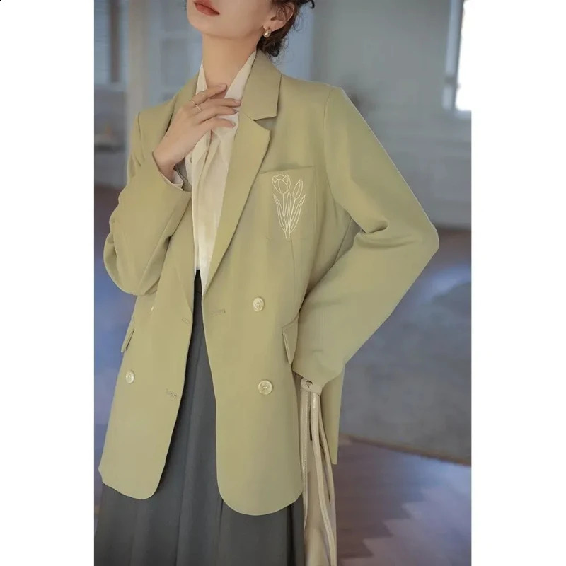 Korean Embroidery Suit Collar Womens Spring Autumn Patchwork Button Pocket Casual Fashion Loose Long Sleeved Blazers 240812