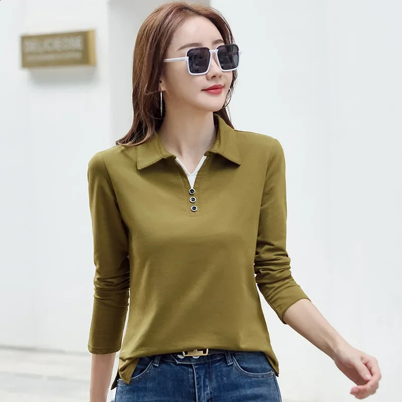 Spring and summer long sleeved womens Tshirt polo shirt casual slim fit lapel top 240812