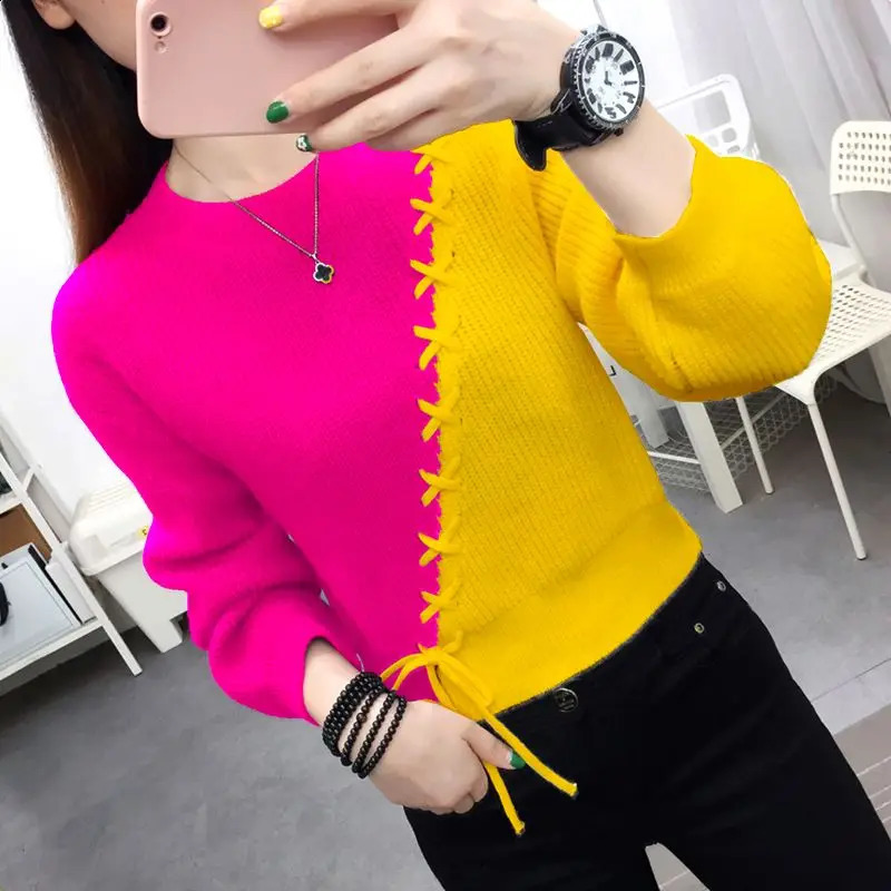 Autumn Winter Women Sweaters Pullover Korean Long Sleeve Lace Up Spliced Round Neck Contrast Color Knit Sweaters Female Tops 240813