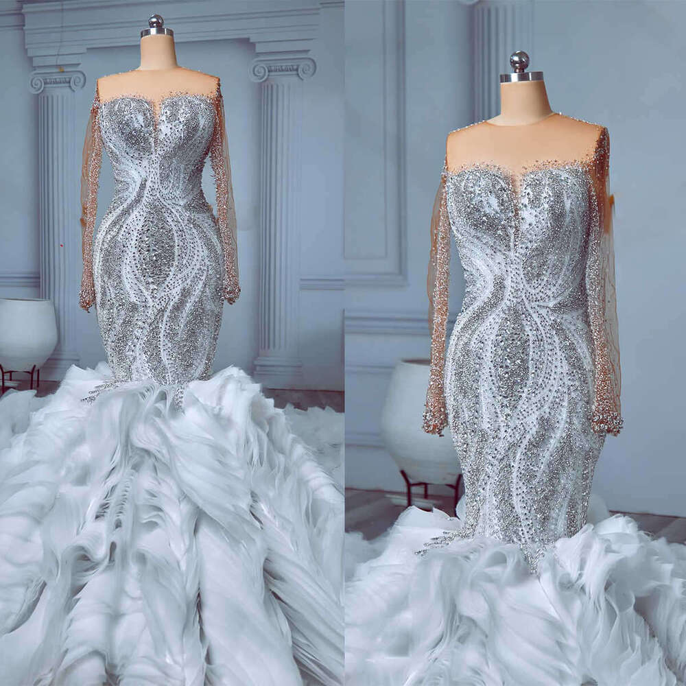 Mermaid Gown Wedding Dresses Ruffles Beading Crystals Long Sleeve Bridal Sweep Train Gowns Big Custom Size Colour