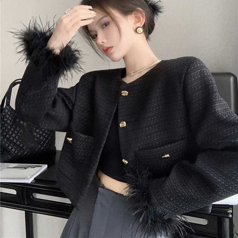 Rimocy Black Feather Long Sleeve Jackets Women Fashion Round Neck Cropped Tweed Coats Woman Golden Single Breasted Chic Jacket 240812