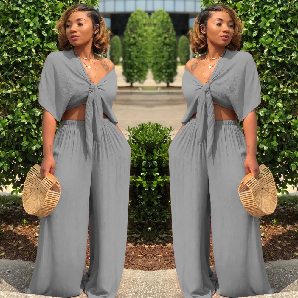 Women loose wide leg pants bandage lace up crop top 2 piece set for female women v-neck short sleeve two piece set womens suits 240813