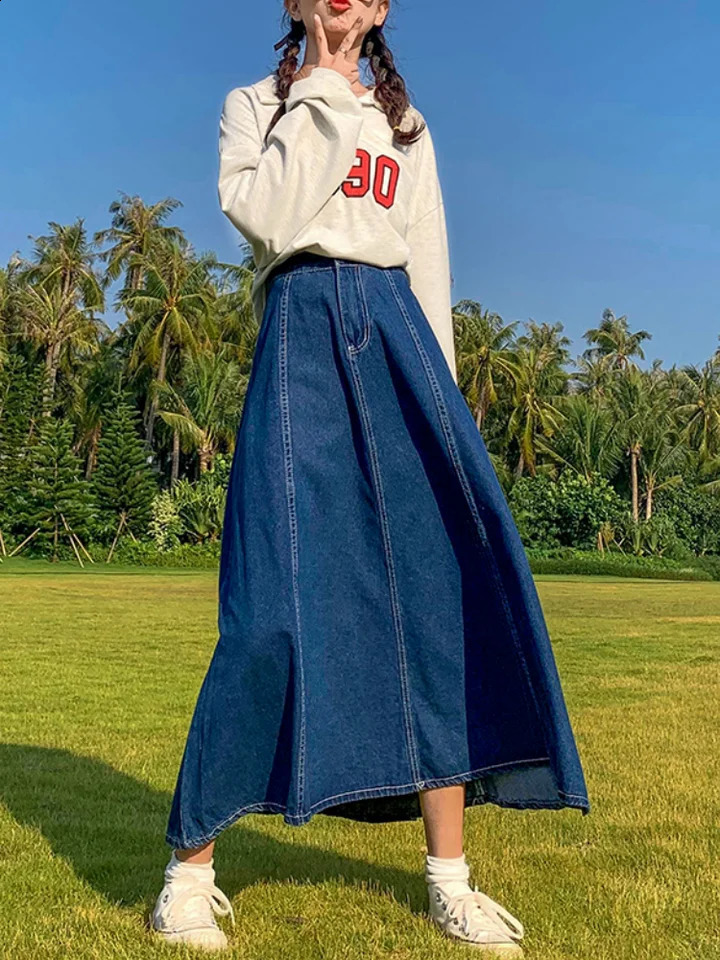 Maxi Long Skirts Women Spring Summer Casual High Waisted Jean Skirt Ladies Splicing A-Line Ruffle Denim Skirt Plus Size 5XL 6XL 240812