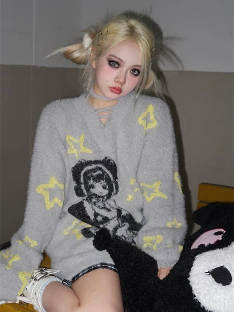 HOUZHOU Harajuku Gothic Y2k Sweater Women Sexy Bandage Oversized Pullovers Knitted Streetwear E Girl V-neck Autumn Winter Tops 240812
