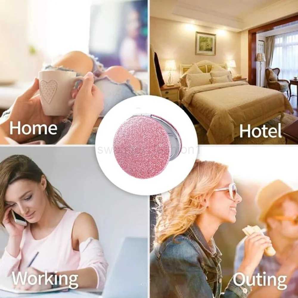 Portable Folding Shiny Double-Sided Makeup Mirror Leather Cosmetic Mirror Pocket Magnifying Hand Gold Letter Pattern Beauty ToolXJ240813