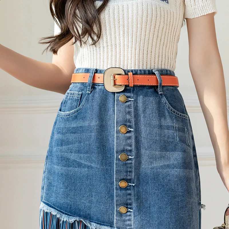S-5XL Patchwork Pleated Jeans Skirts Women High Waist Ripped Skirts Vintage Elegant Korean Fashion Denim Skirts Big Size KS10294 240812