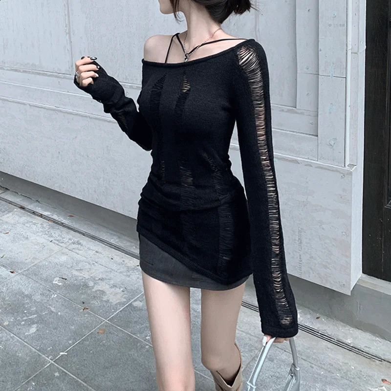 Women Dark Goth Split Hole Knit Sweaters Black Gothic Lady Hollow Out Cool Pullover Sweater Autumn Sexy See Through Pull Jumpers 240812