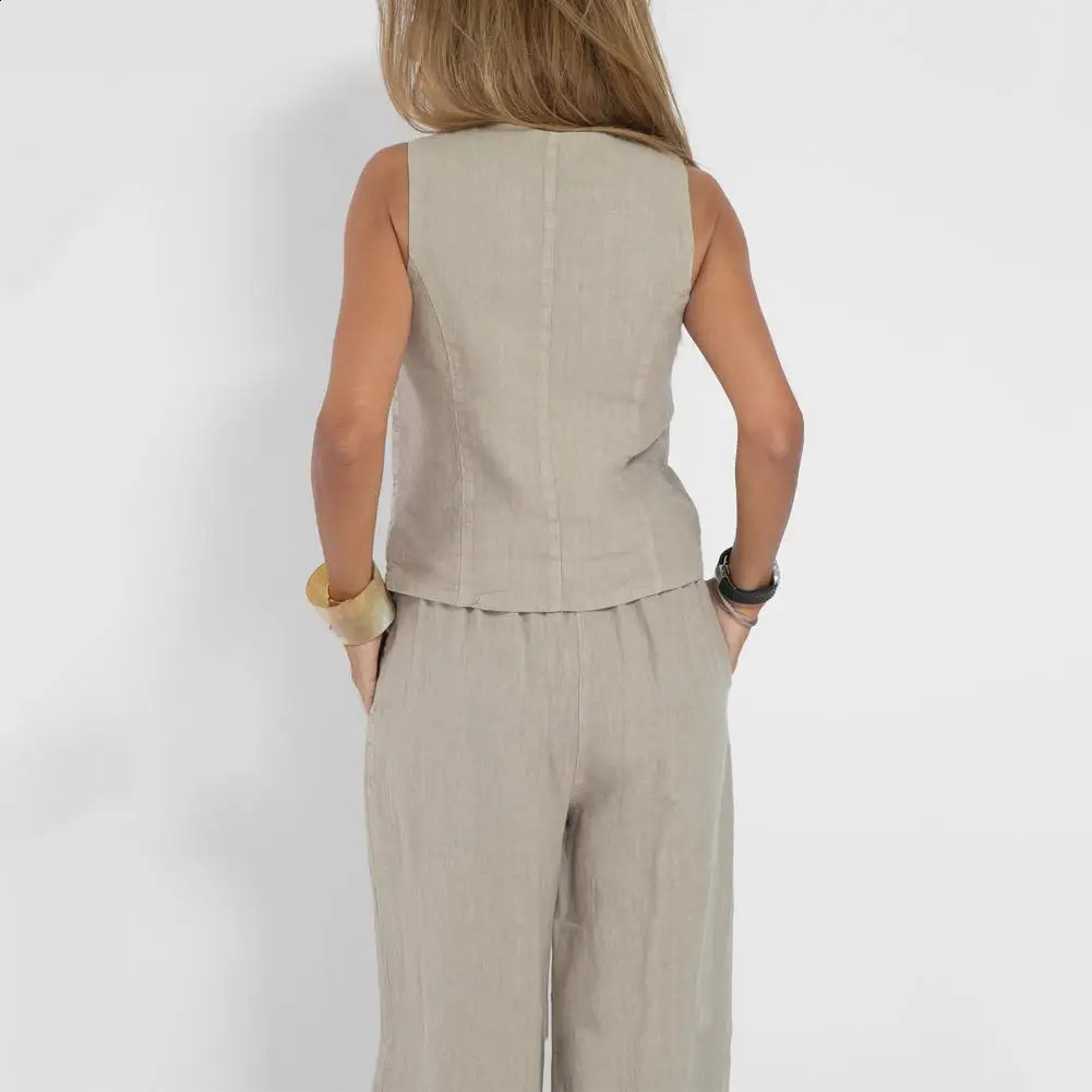 Women Suit Cotton Linen Vest Wide Leg Pants Two Piece Set Women Sleeveless Tank Top Matching High Waist Wide Pants Set 240813