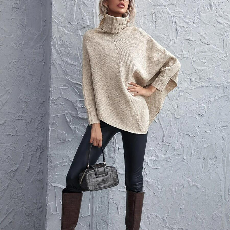 Autumn/Winter High Neck Top Long Sleeve Solid Color Off Shoulder Irregular Knitted Sweater Coat