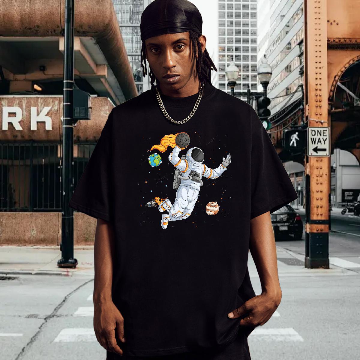 T-Shirts 230g Pure Cotton cosmonaut Casual Beach Breathable Crew Neck Oversized 4XL Men Tops Tees 2024 Summer Wholesale Polos