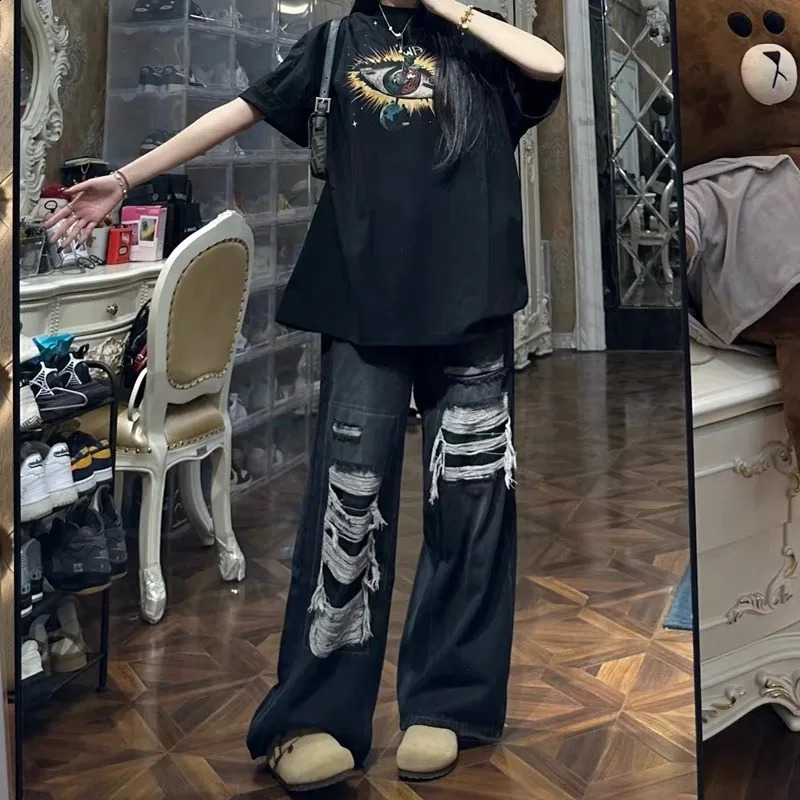 American Style High Street Retro Jeans Spring Loose Thin Straight Legs Trouser Versatile Casual Tear 240807
