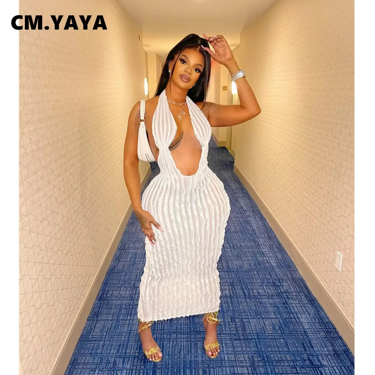 Women Halter Deep V-neck Backless Sleeveless Wave Bodycon Midi Maxi Dress 2024 Summer Street Sexy Party Vestidos Dresses 240812