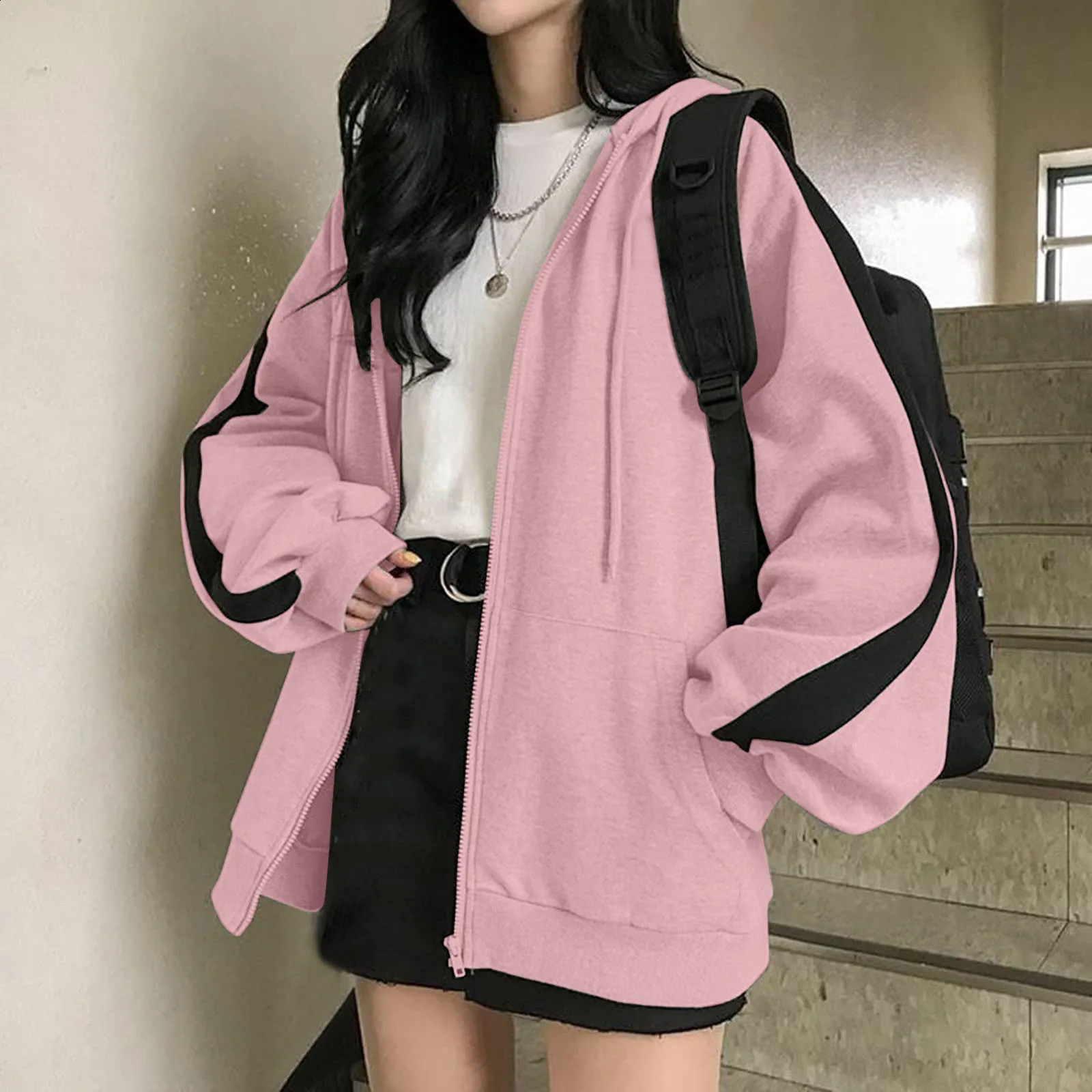 Harajuku Korean Version Zip Up Hoodies For Women Fall Solid Loose Jacket Coats Vintage Long Sleeve Oversized Hooded Sweatshirts 240812