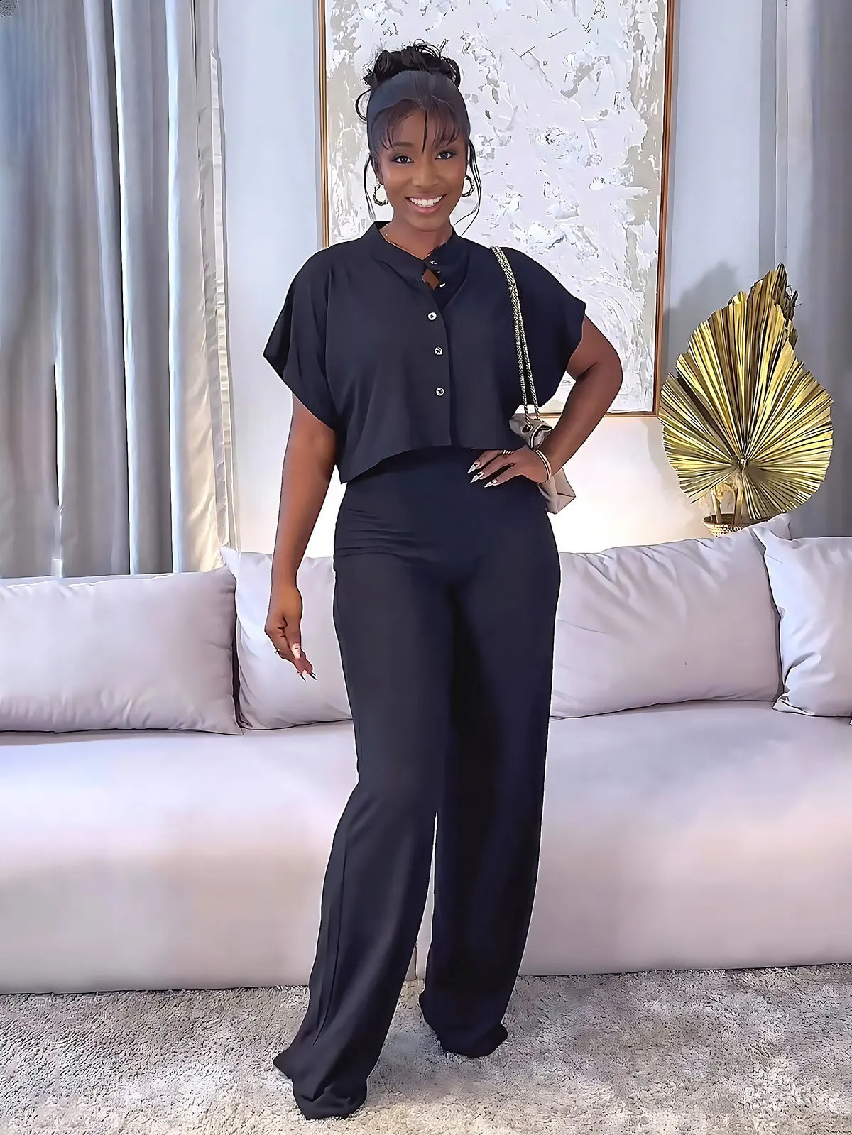 White Short Sleeve Shirt Tops Casual Wide Leg Pants Short Cardigan Top Solid Color Straight Pants Women Two-Piece Sets Outfits 240819