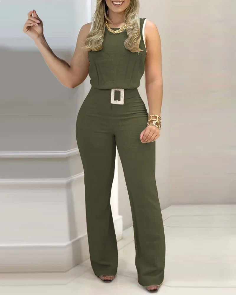 Women Fashion Sleeveless Plain Crop Top Sexy High Waist Skinny Bodycon Long Trousers Two Pieces Suit Flare Pants Set With Belt 240813