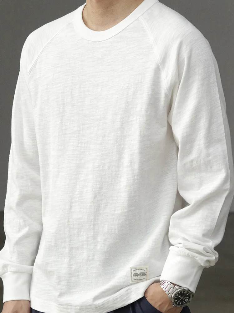 Autumn American Retro 210g Long Sleeve O-neck Solid Color T-shirt Mens Fashion 100% Slub Cotton Washed Casual Loose Tops 240812