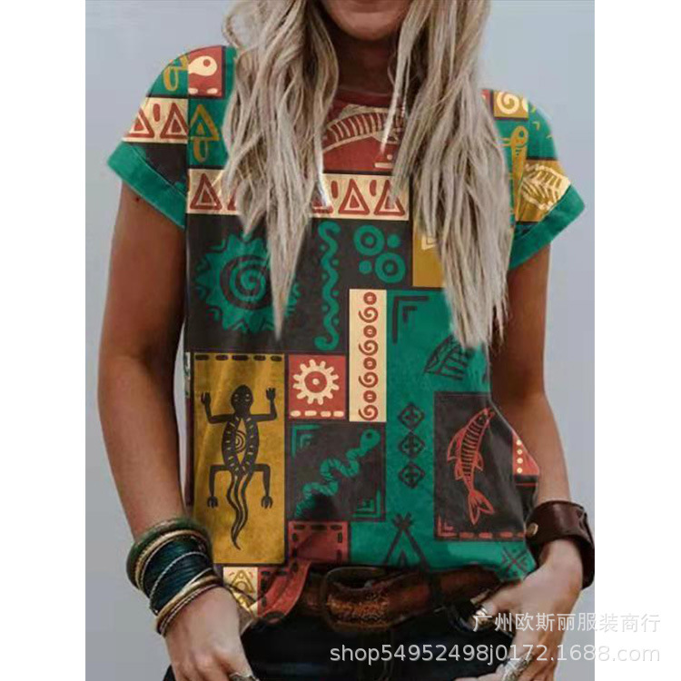 2024 New Geometric Printed Bat Short Sleeve T-shirt Blouse Top