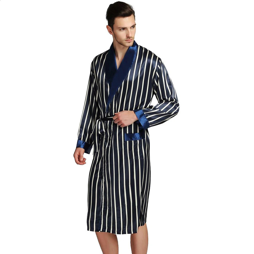 Mens Silk Satin Pajamas Pajama Pyjamas PJS Sleepwear Robe Robes Nightgown Robes S M L XL 2XL 3XL Plus Beige Blue Striped 240812