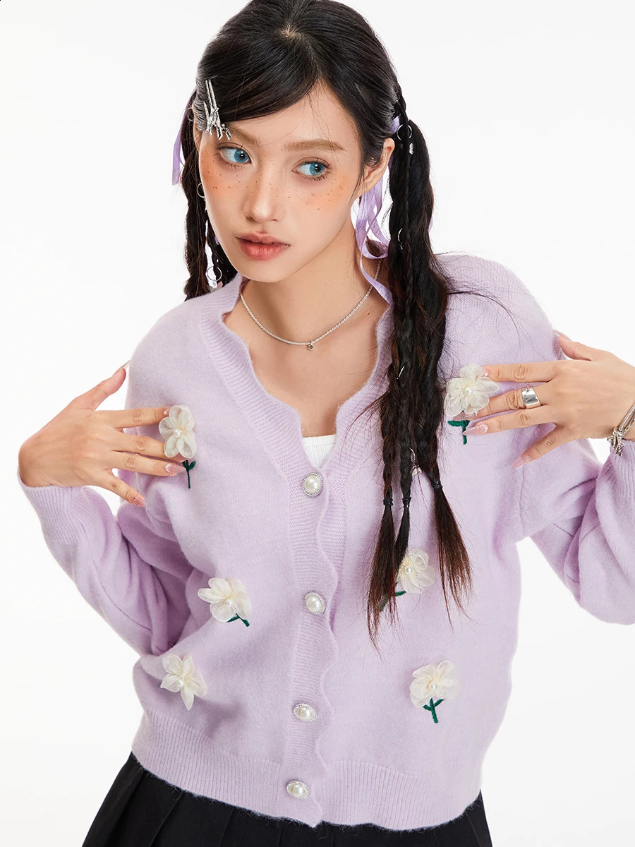 wsevypo Sweet Fairy Flower Decor Knit Cardigans Womens Preppy Style Long Sleeve V Neck Button down Loose Sweaters Outwear 240812