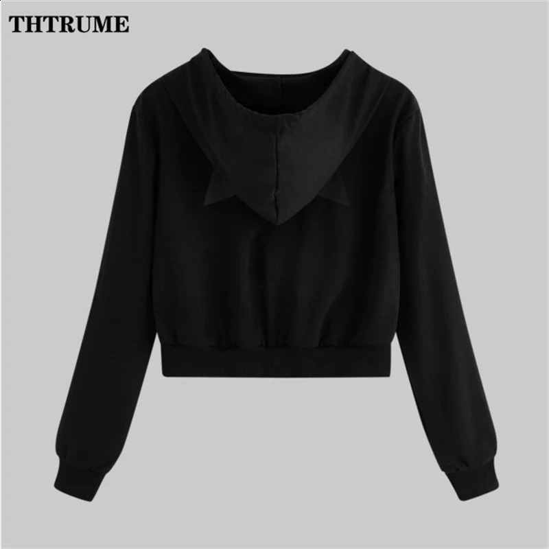 Fashion Harajuku Zipper Cropped Hoodies Elegant Solid Tracksuit Drawstring Chic Hooded Casual Communte Women Cat Sweatshirts 240812