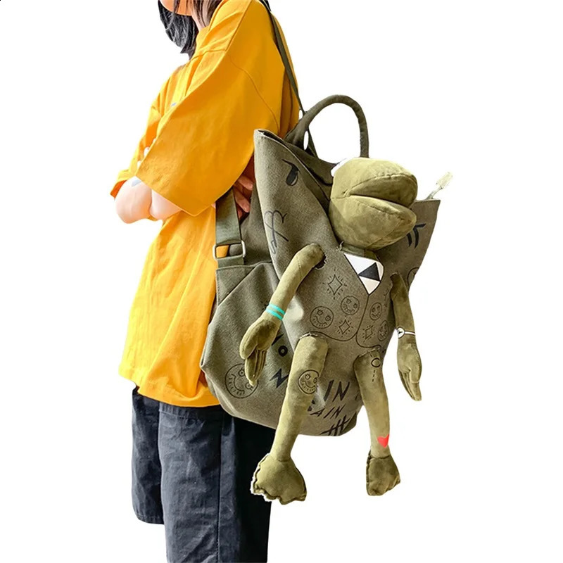 Mens Womens Graffiti Plush Frog Monster Zipper Large Capacity School Backpack Travel Adjustable Outdoor 240813