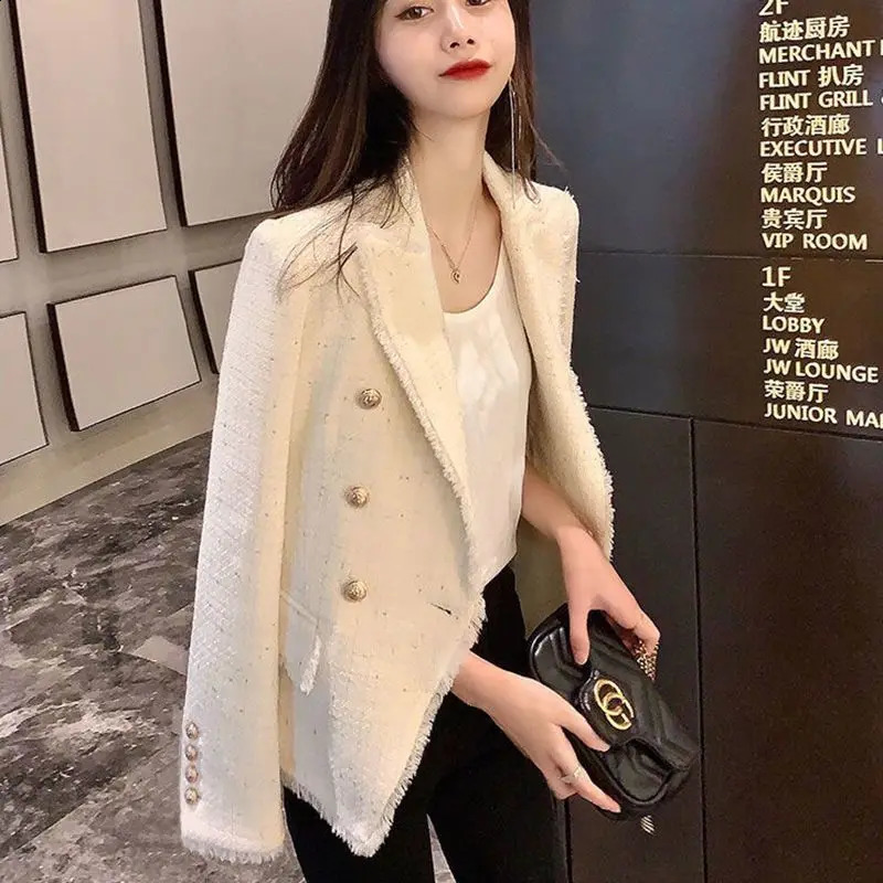 Classic Cropped Blazers for Women Jacket Spring Autumn Korean Fashion Double Breasted Tweed Suit Coats Slim Fit Vintage Top 240812