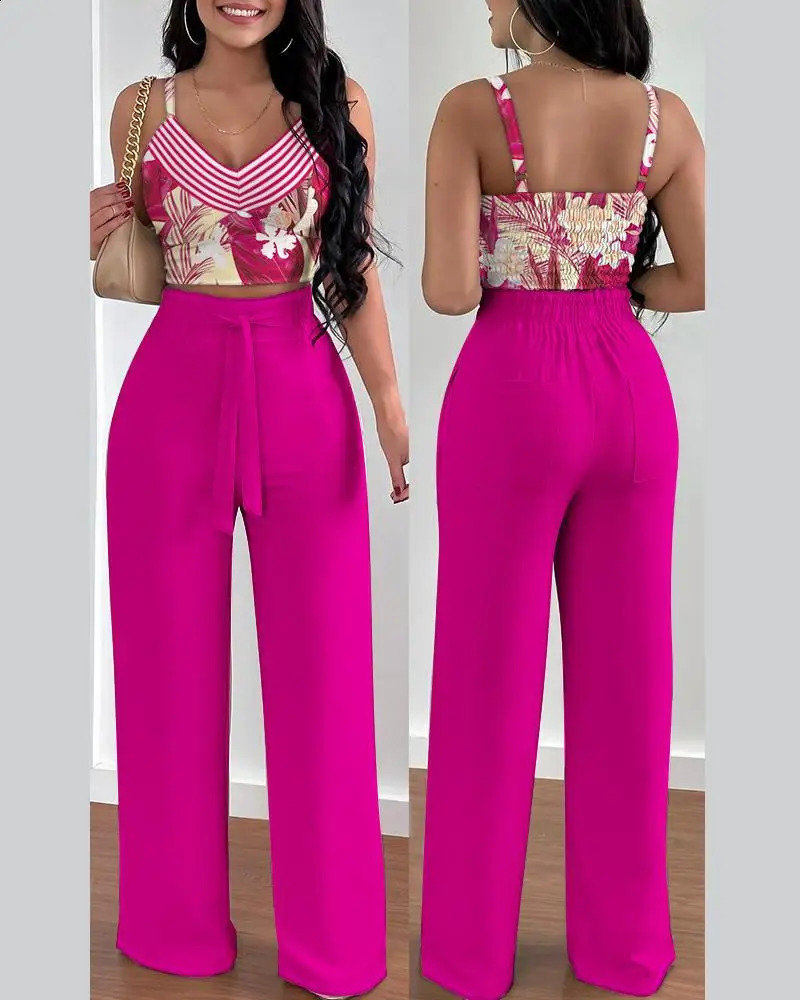 Two Piece Sets Womens Outifits Summer Fashion Printed Suspenders V Neck Sleeveless Crop Top Casual Wide-Leg Long Pants Set 240813