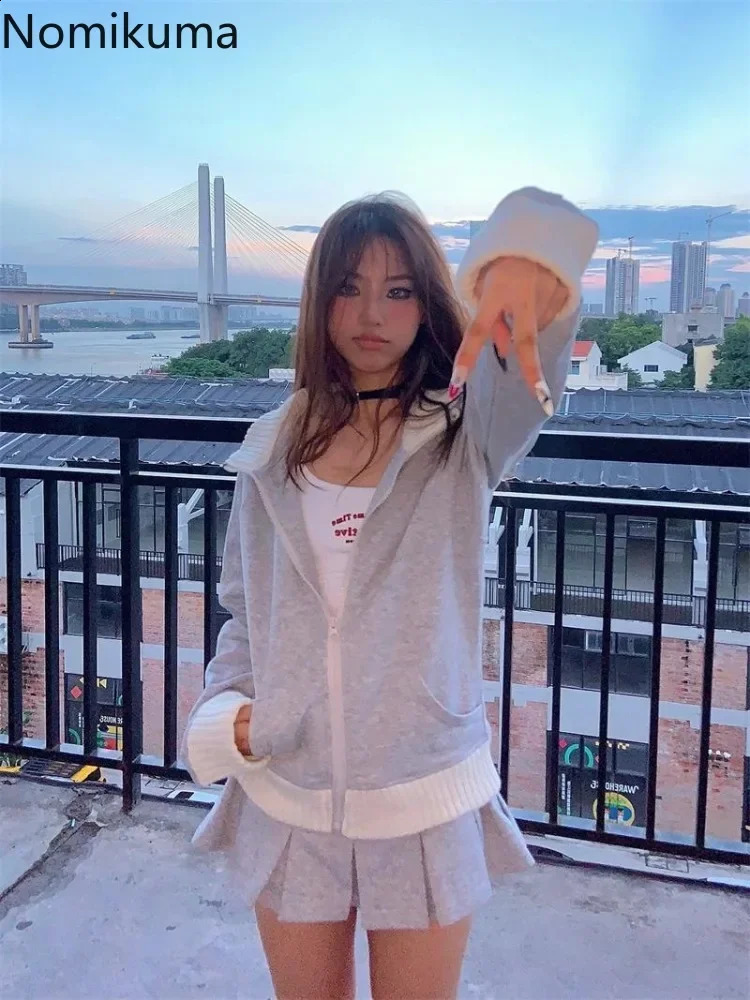 Patchwork Knit Stand Neck Hoodie Womens Clothing Casual Fashion Zipper Outwear Y2k Tops Solid Color Vintage Sweatshirts Jackets 240812