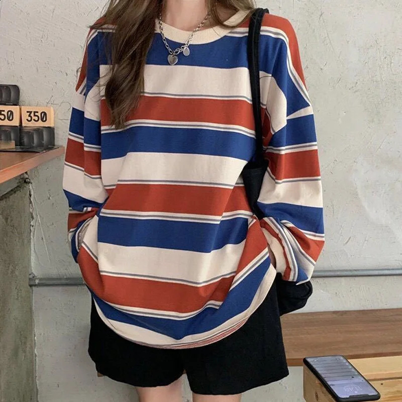 autumn Hoodies Striped Oversized Sweatshirt Women Harajuku Pullovers Korean Fashion Couples Matching Long Sleeve Tops Streetwear 240813