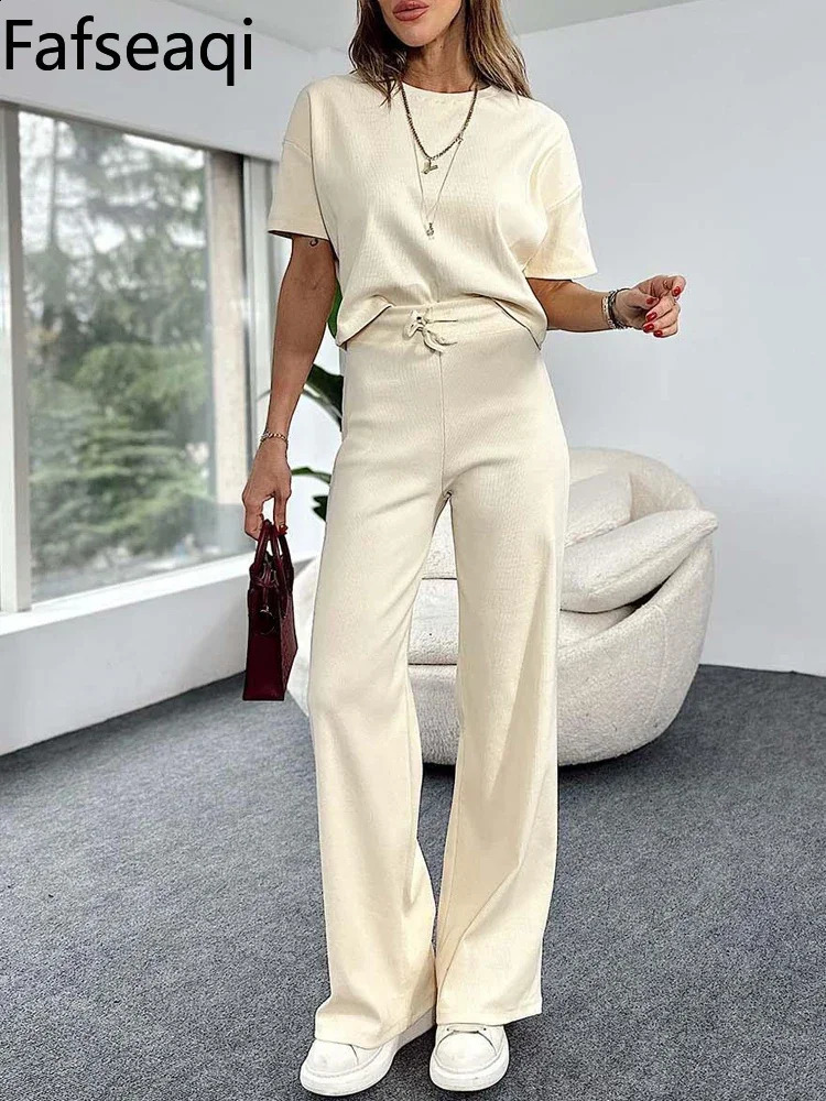 2024 Spring Womens Sports Suit Blue Short Sleeve T-shirt Tracksuit Two-piece Set Sagging Wide Leg Trouser Home Suit for Womens 240813