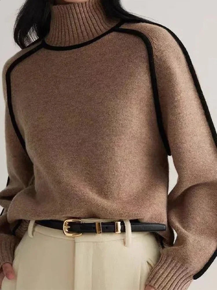 Womens spliced turtle neck knitted sweater with warm and casual thick long sleeves floral patterns autumn womens high street jumper 240812