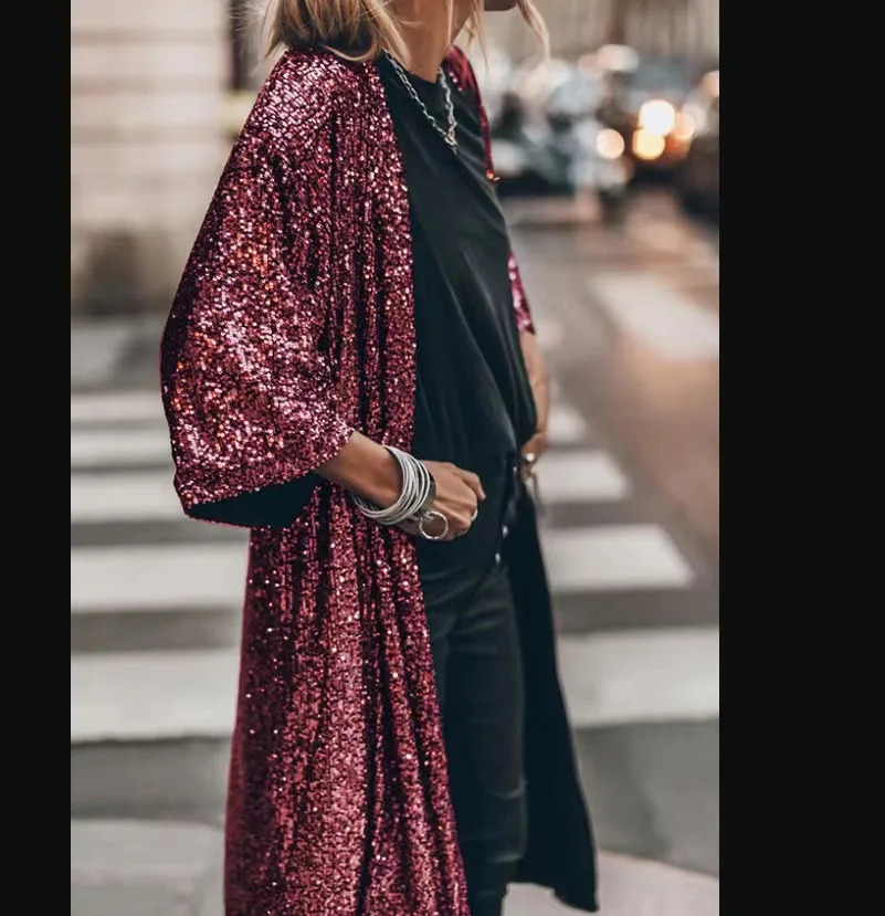 Womens Casual Cardigan Jacket Spring Summer Fashion Party Sequins Female Extended Jacket Daily Work Commuting Style 240813