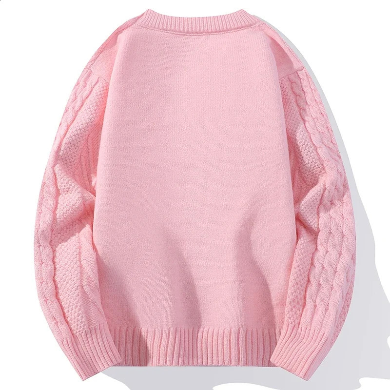 Autumn Winter Knitted Mens Casual Sweater High Quality Round Neck Twists Weaving Pink Pullover Men Fashion Warm Sweater 240812