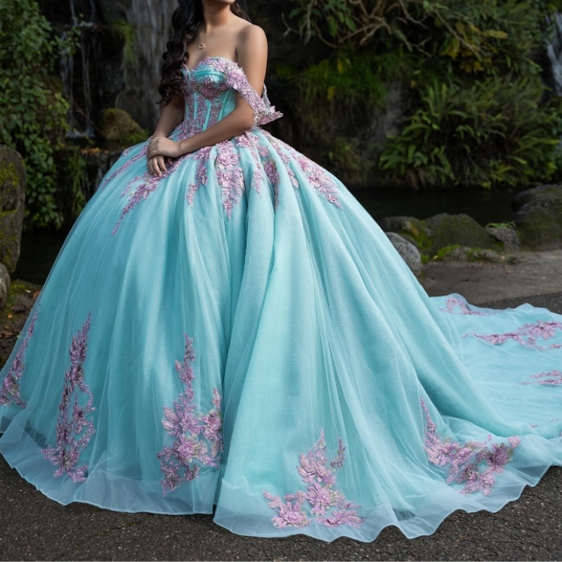 Water Blue Shiny Quinceanera Dress Ball Gown Off The Shoulder Applique Lace Beading Crystals Tull Corset Sweet 16 Vestido De 15 Anos