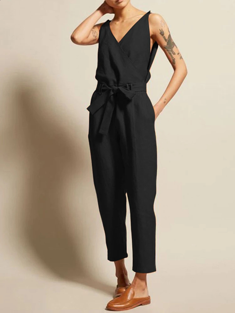 Solid Color Jumpsuit Women 2024 Casual Sleeveless Female Body Suit Summer V Neck Loose Tie High Waist Pencil Pants Sets 240813