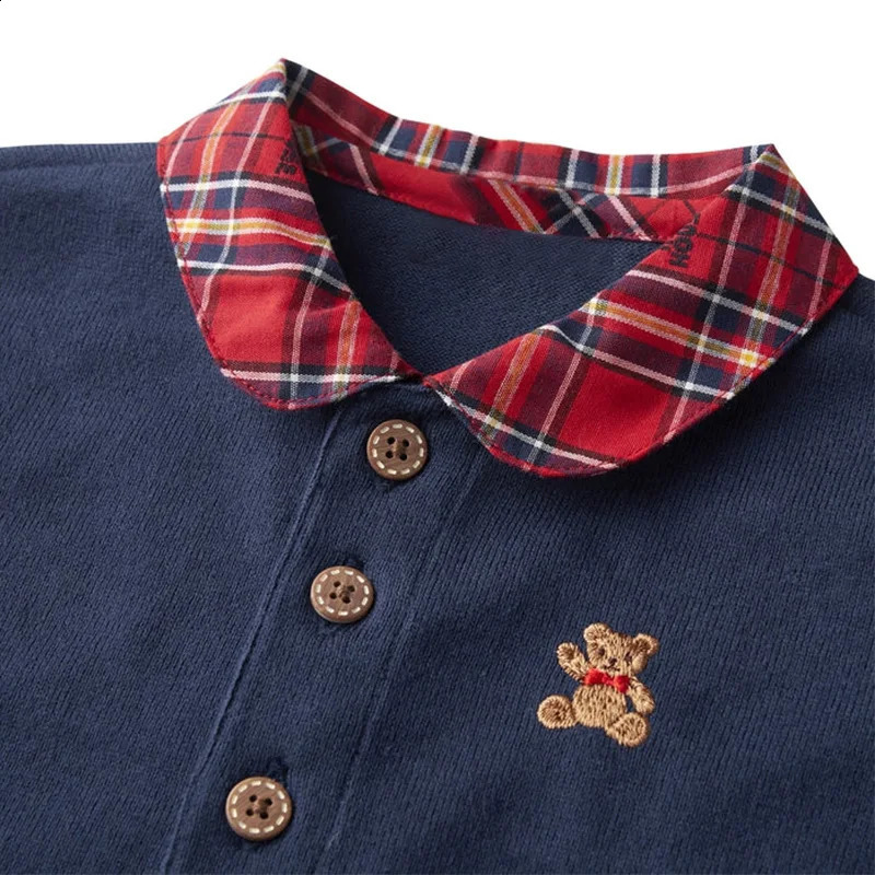 Autumn Boys and Girls Checkered Polo Shirts Cartoon Little Bear Embroidery Blouses Long Sleeve T-shirt Korean Kids 240810