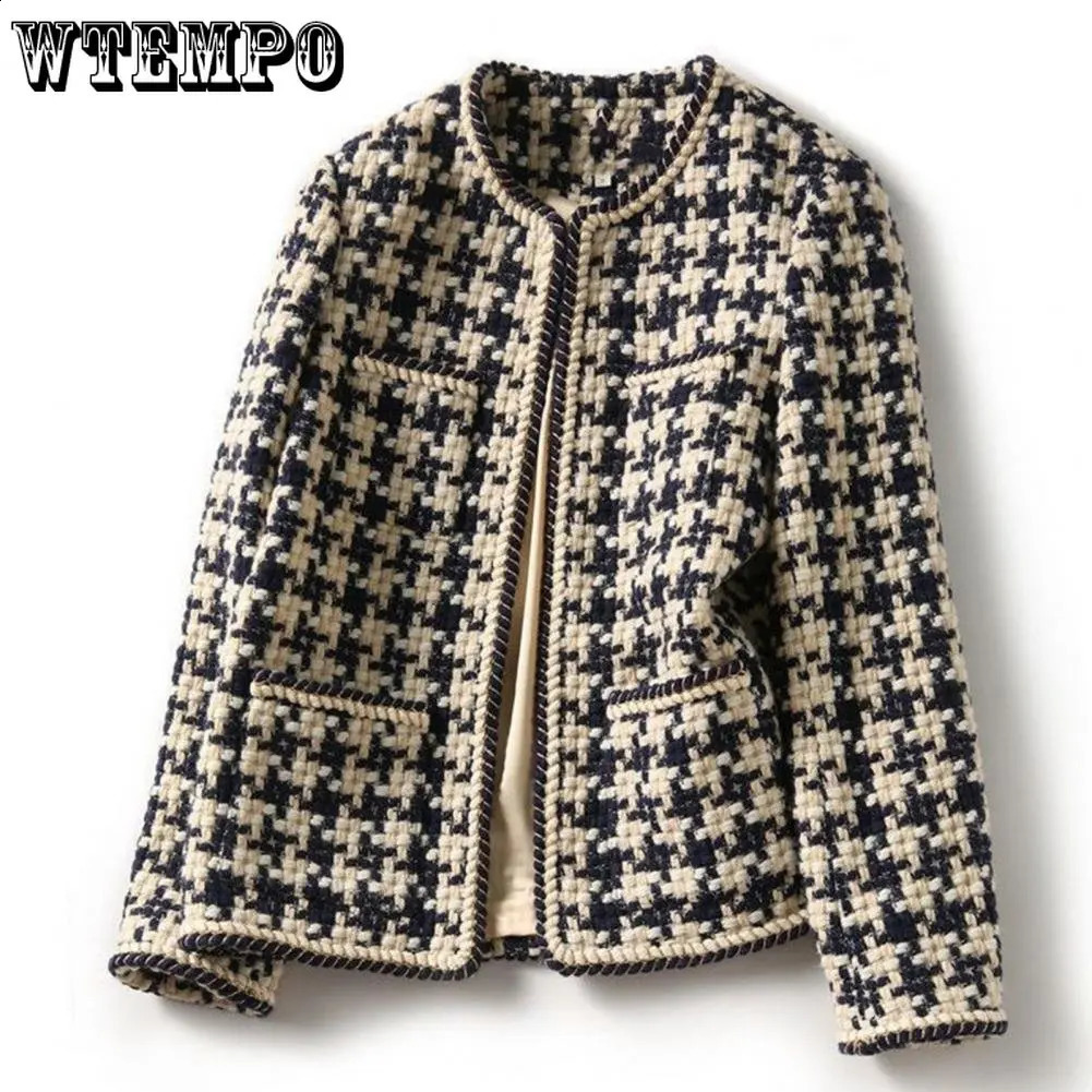 WTEMPO Vintage Early Autumn Tweed Women Jacket Elegant Grid Lady Winter Cardigan Open Front Plaid Outwear 240812