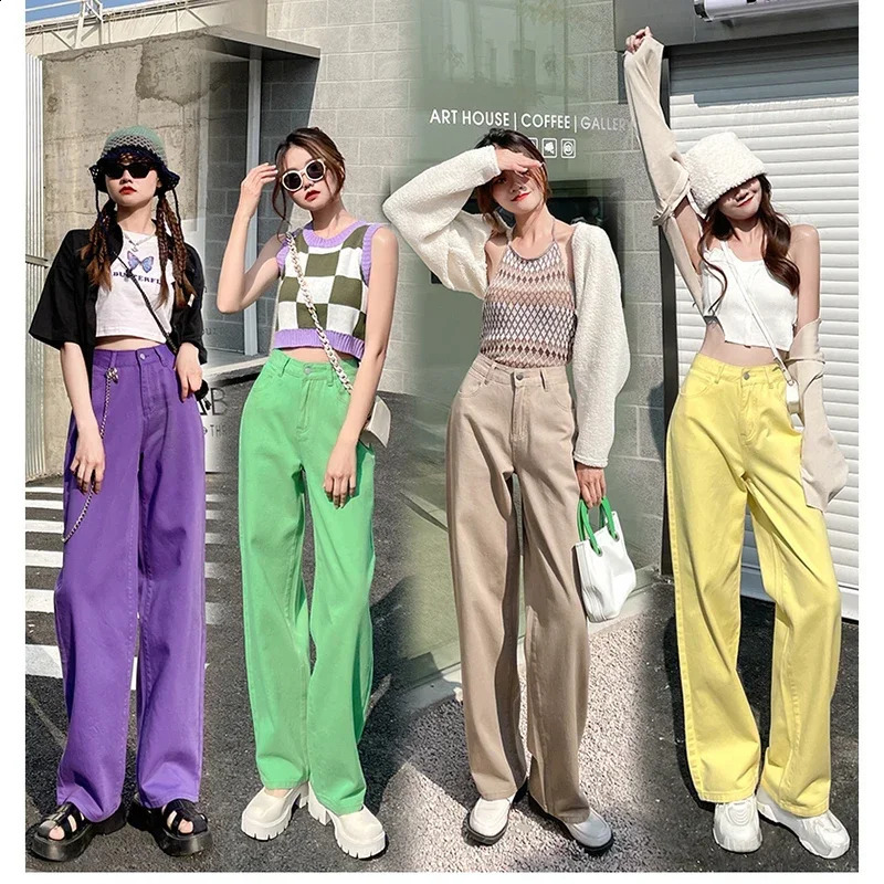 Womens Jeans Baggy Vintage Straight High Waist Korean Fashion Streetwear Casual Pants Femme Wide Leg Purple Mom Denim Trouser 240813