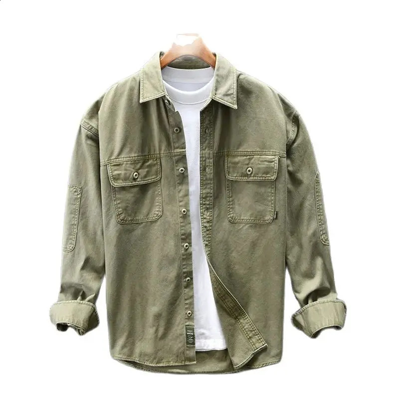 Winter and Autumn Fashion Mens Multi Pocket Splicing Retro Goods Shirt Solid Color Long Sleeve 100% Cotton Loose Day Top 240812