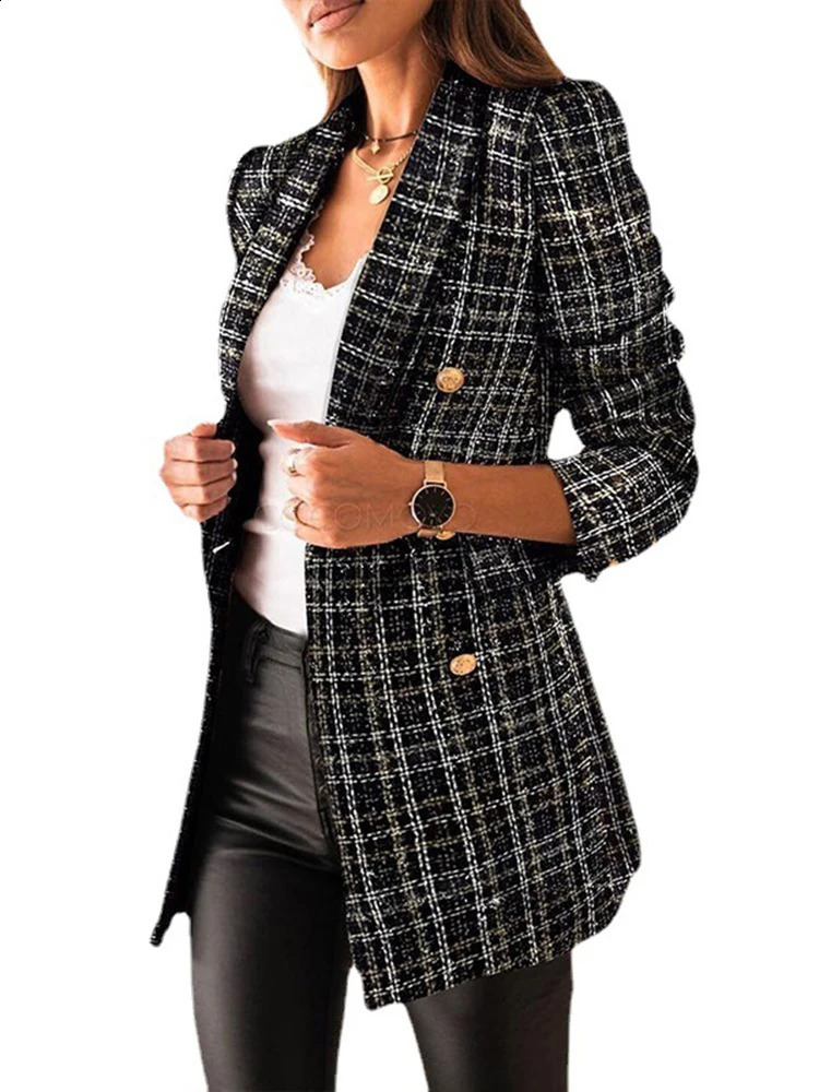 Blazer for Women Jacket Autumn Fashion Double Breasted Tweed Blazer Coat Vintage Long Sleeve Female Outerwears Chic Top 240812