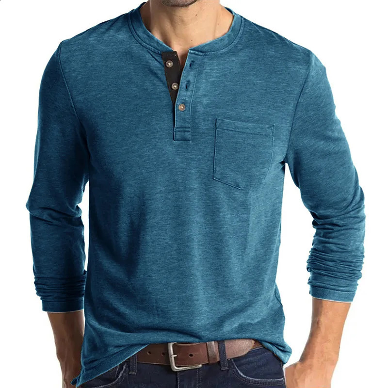 Beauty Vintage Casual Round Neck T-shirt Mens Solid Button Patchwork Pocket Trendy Versatile Cotton Breathable Long Sleeve Top 240812