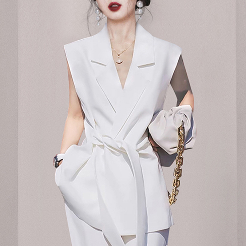 White Professional Suit Two-piece Set for Summer Light and Mature Style Elegant and Elegant Slim Fit Sleeveless Suit for Women 1462