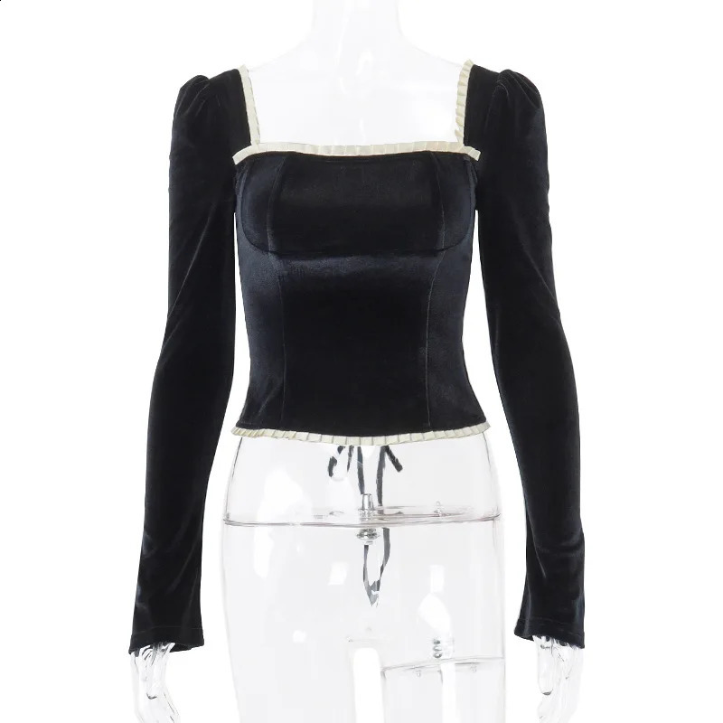 Gtpdpllt Y2K Fashion Womens T-shirt with Tight corset Top Elegant Retro Black Velvet T-shirt Low Cut Long Sleeve Crop Top240812