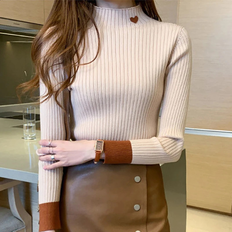 Heliar womens embroidered plain neck sweater patch work long sleeved slim fit bottom knitted jumper autumn and winter casual 240812