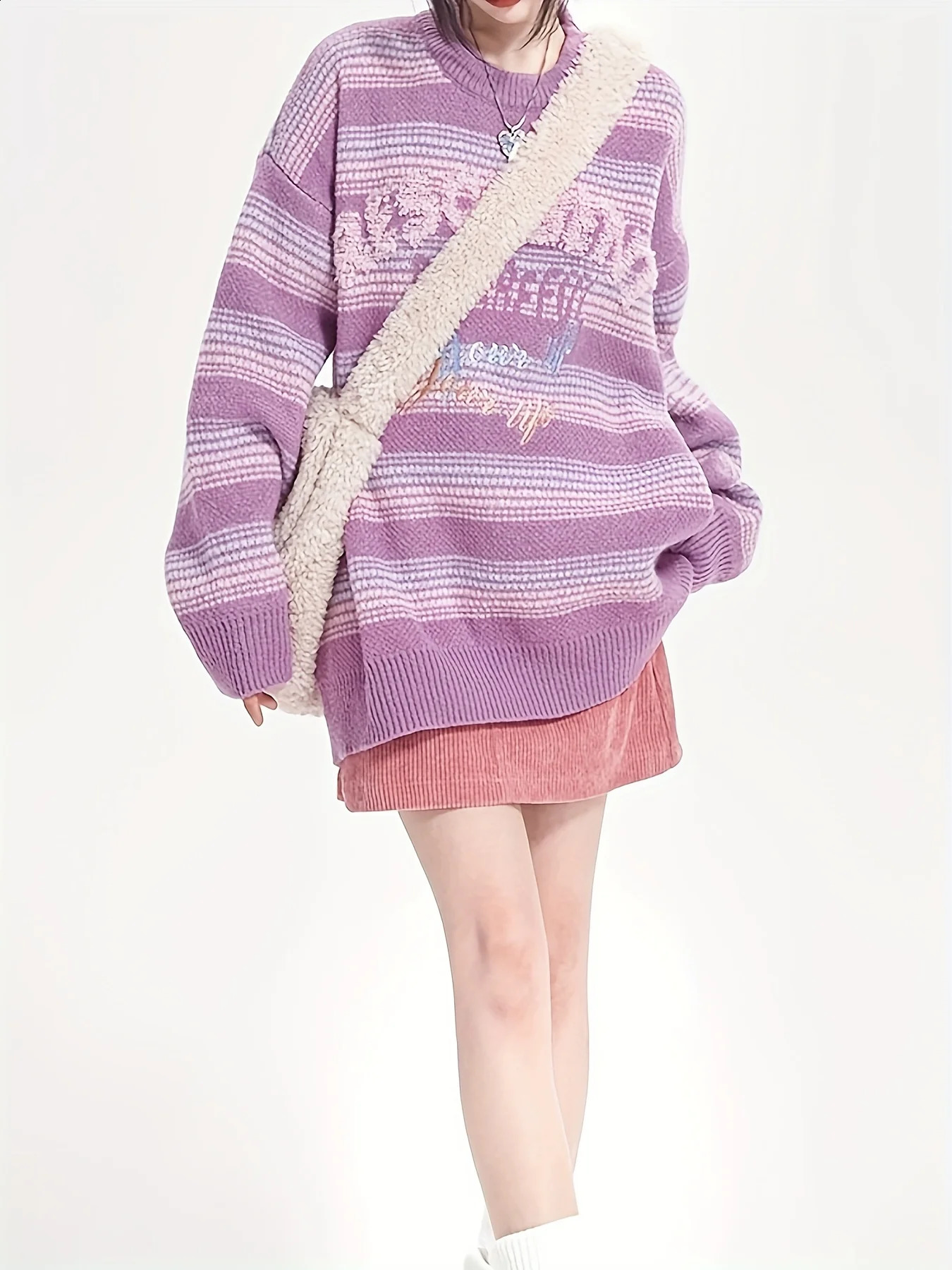 Womens Kawaii Preppy Style Contrast Letter Embroidered Striped Knit Pullover Sweaters Winter Outwear 240812