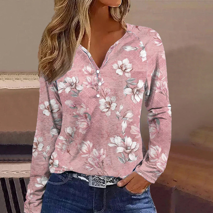Women's Spring and Autumn Printed Shirt V-neck Long sleeved Top for Women