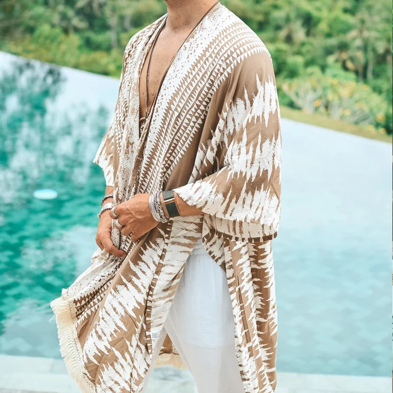 Holiday Beach Long Shawl Streetwear Casual Pattern Print Half Sleeve Beach Cloak Top Men Clothing Summer Outside Outwear 240813