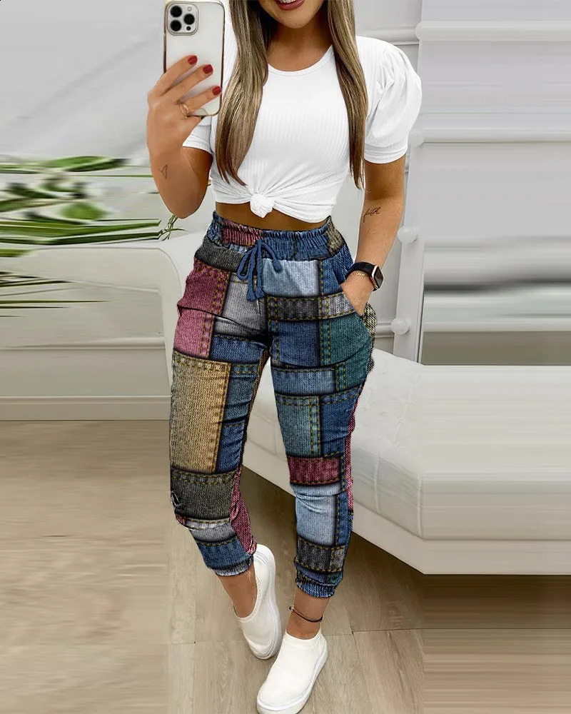 Spring Summer Short Sleeved Two Piece Set 2024 Elegant And Fashion Women Suit Loose Casual Printed Trouser Suit Office Lady 240813