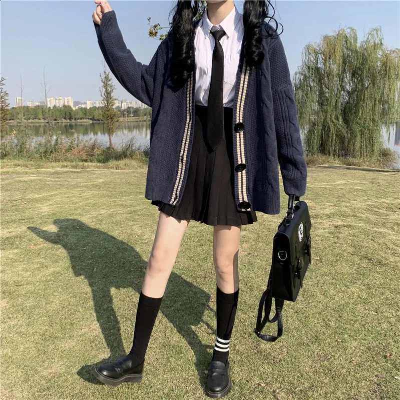 Varsity-Striped Cardigan Sweater for Women Long Sleeve Button-up Knitted Humble Cardigan High School Preppy Style Outfit 240812